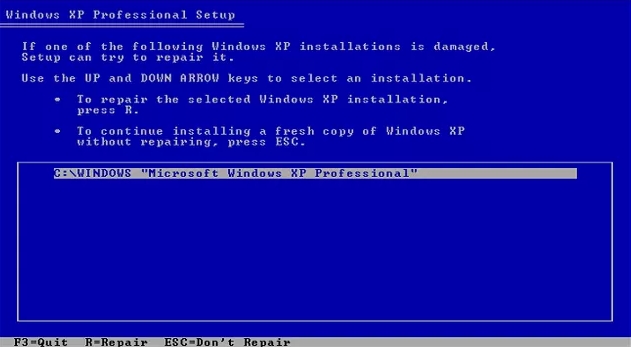 Windows XP安装过程中找到的Windows XP安装列表